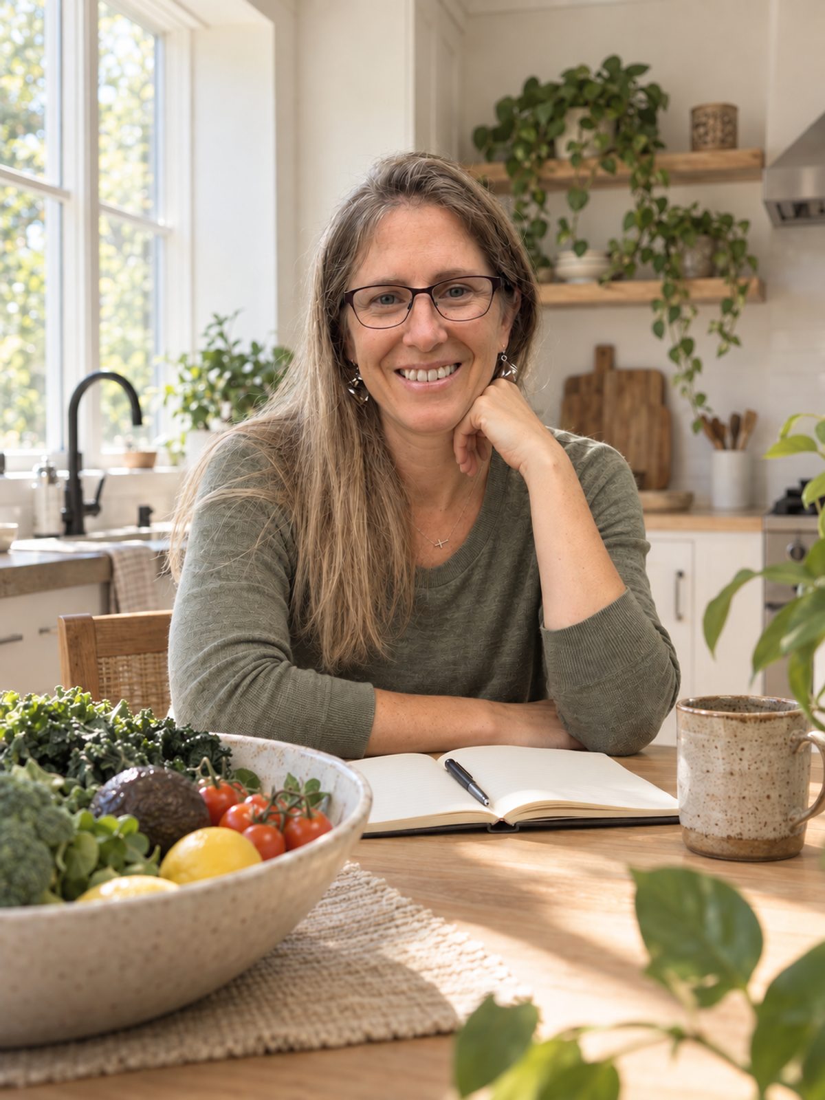 Jennifer of Serenity Nutrition in a light, welcoming kitchen